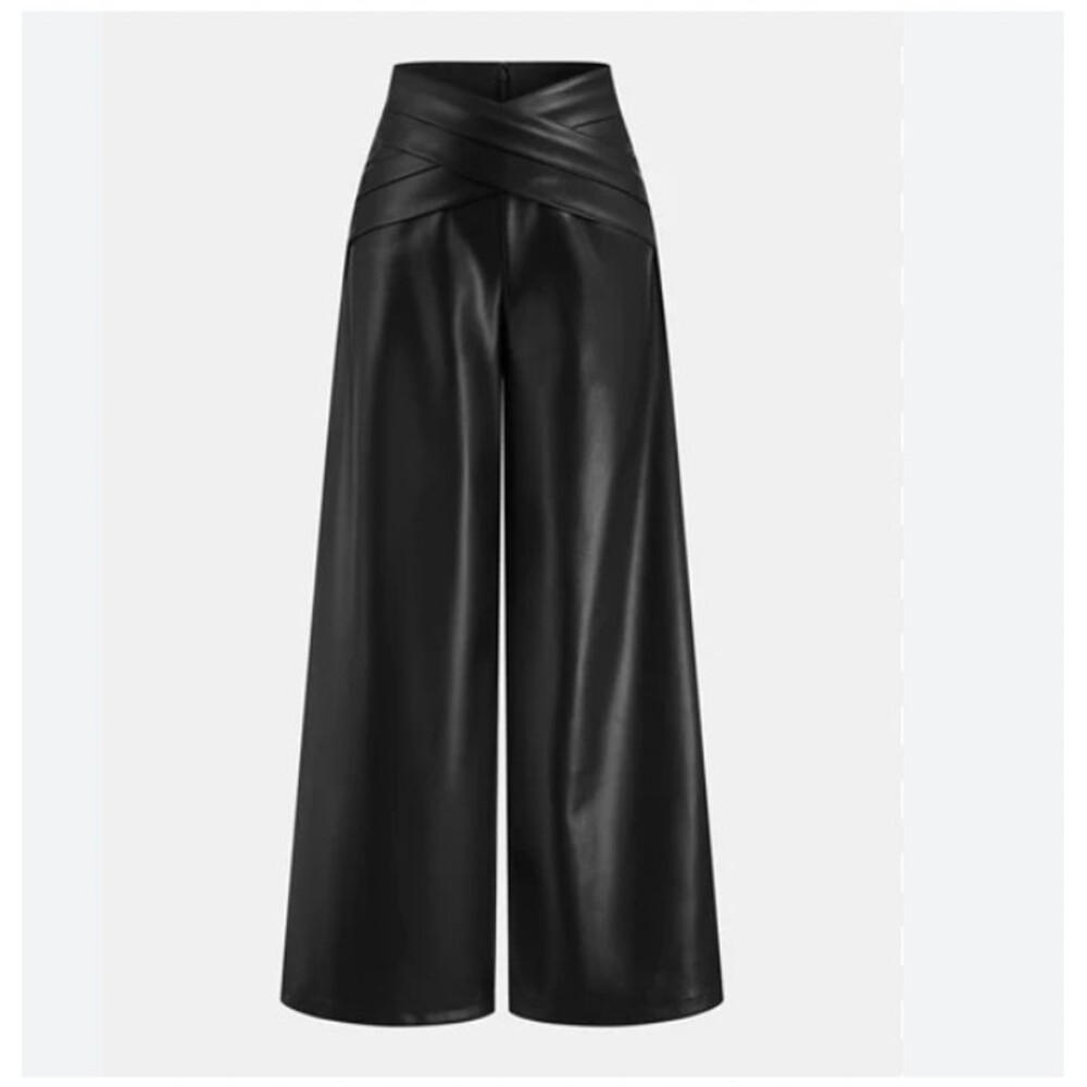 Commense Pants Womens XL Black Faux Leather Belted Wide Leg Dressy Trousers